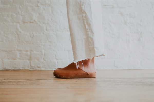Cumin tan classic style clog mule with flexible wooden base