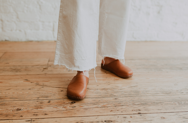 Cumin tan classic style clog mule with flexible wooden base