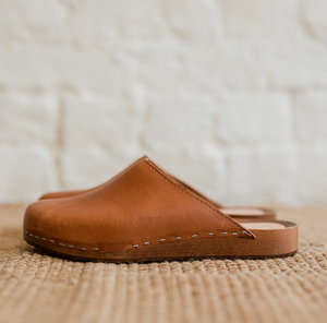 Cumin tan classic style clog mule with flexible wooden base