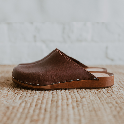 Cacao brown classic style clog mule with flexible wooden base