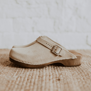 Sand beige suede classic-style swedish clog with strap