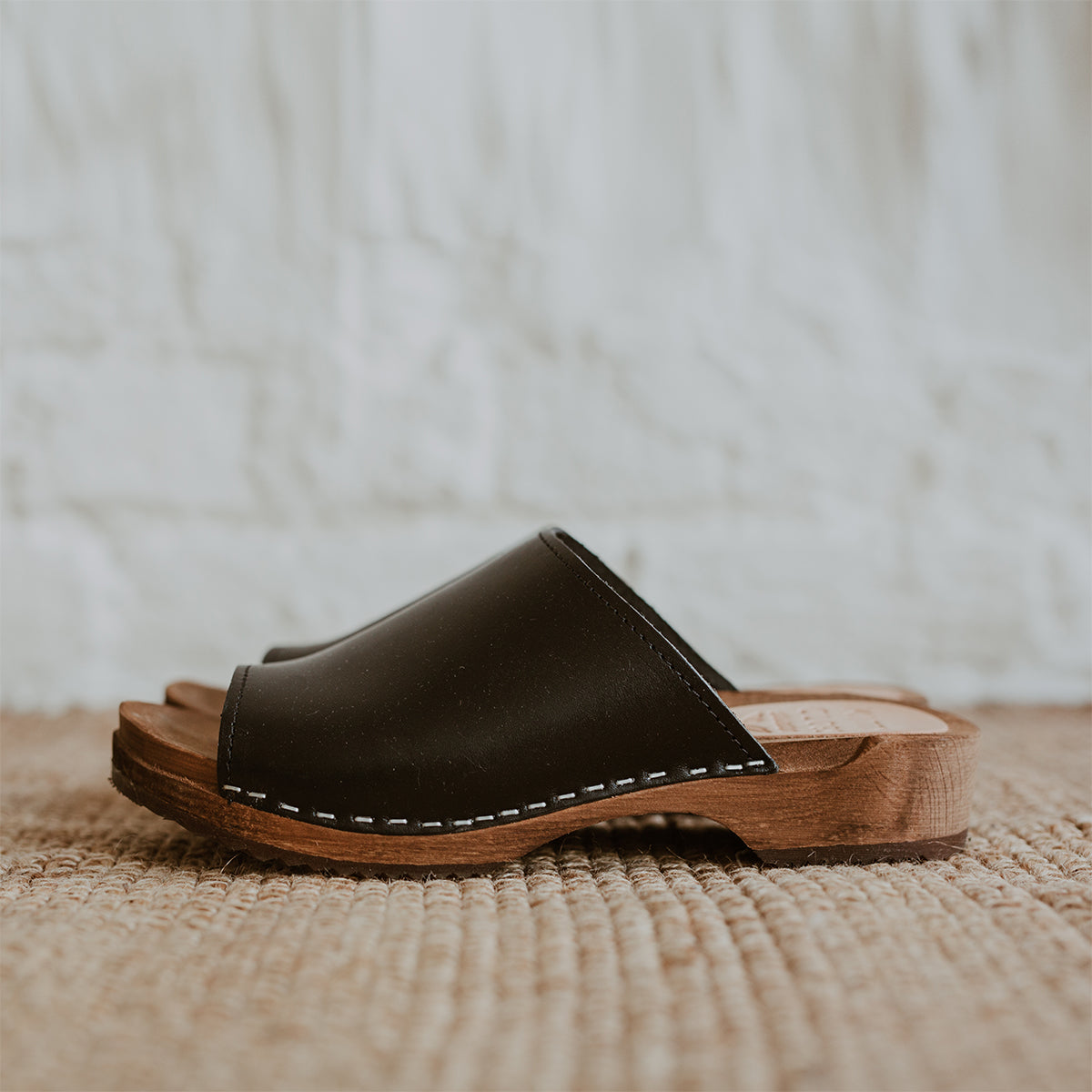 onyx black low heel clog sandal