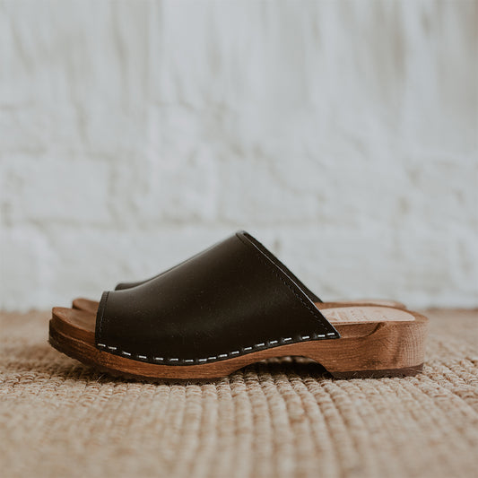 onyx black low heel clog sandal