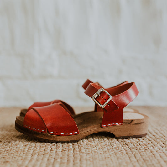 brandy red leather low cross over dansare clog sandal