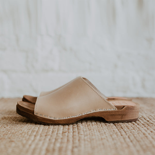 stone beige low heel clog sandal