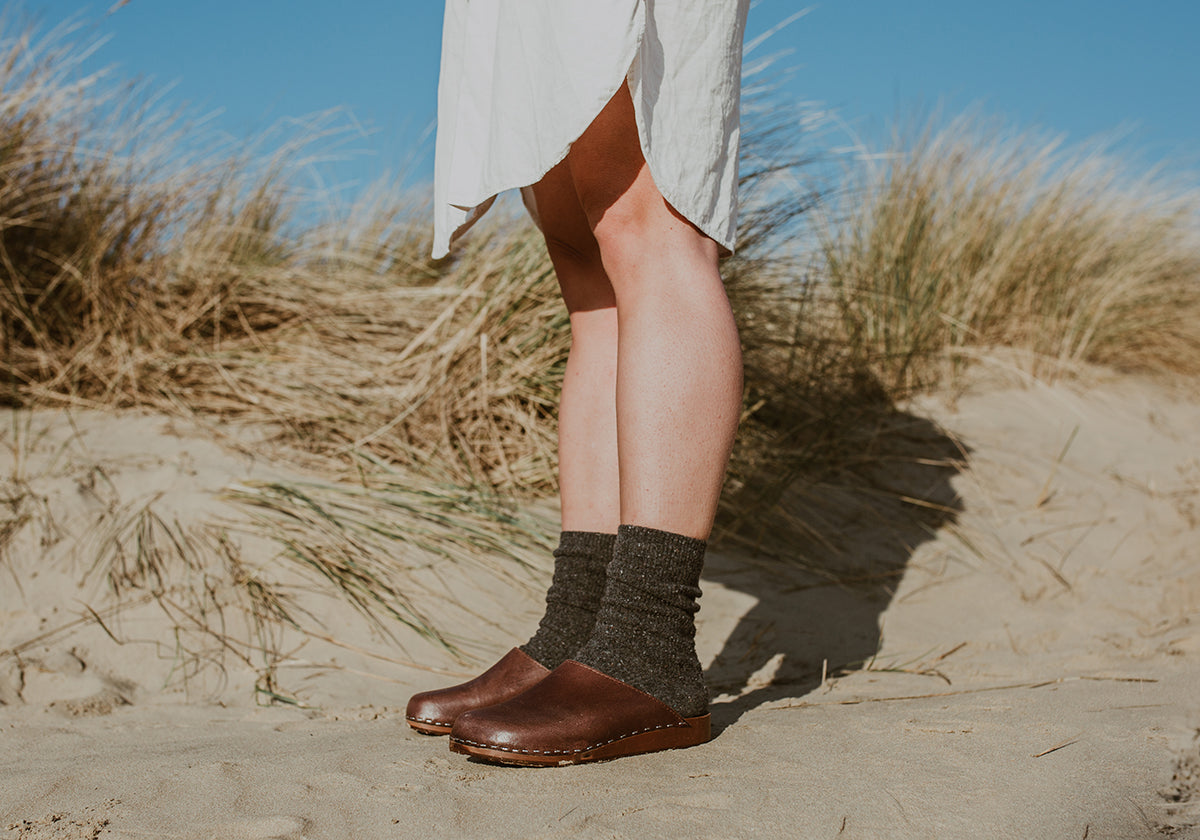 Cacao brown classic style clog mule with flexible wooden base