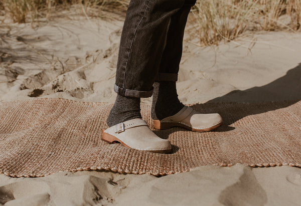 Sand beige suede classic-style swedish clog with strap