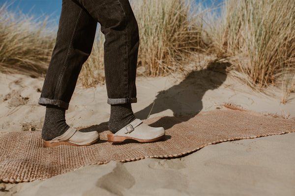 Sand beige suede classic-style swedish clog with strap