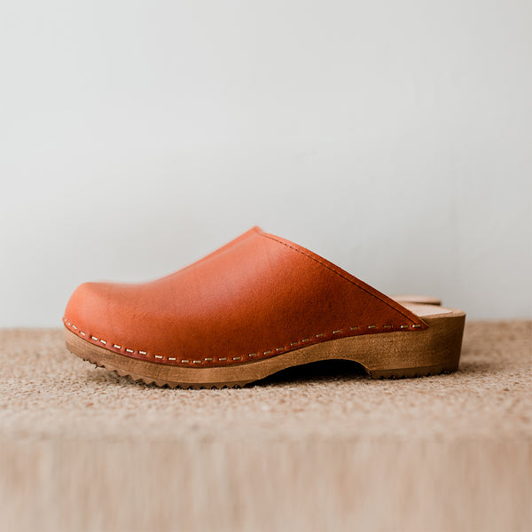 cumin tan classic style swedish clog mule with low wooden base