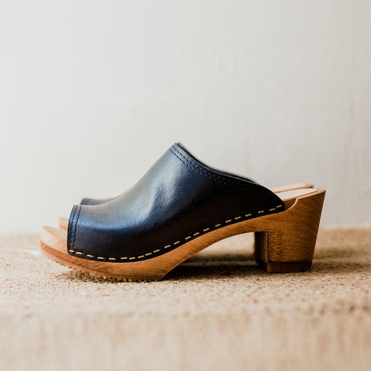 navy blue mid heel peep toe klassisk clogs