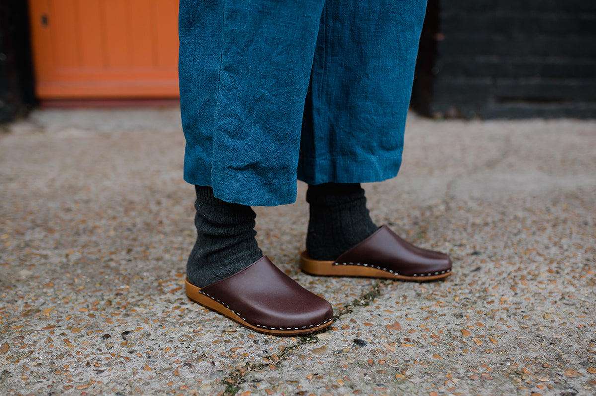 Cacao brown classic style clog mule with flexible wooden base