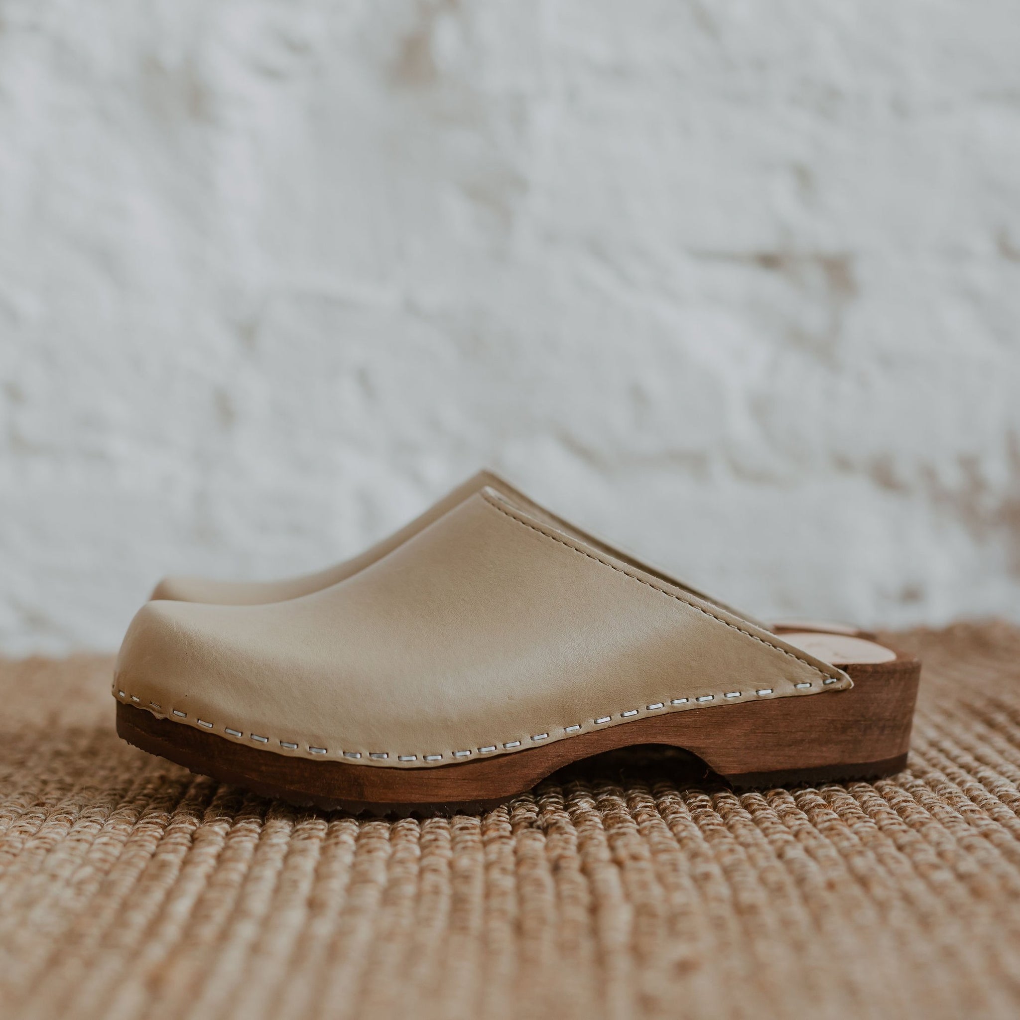Stone beige classic style swedish clog mule with low wooden base