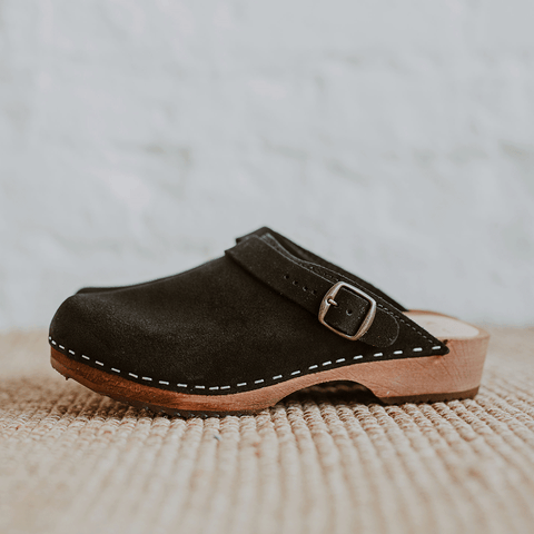 Onyx black suede classic-style swedish clog with strap