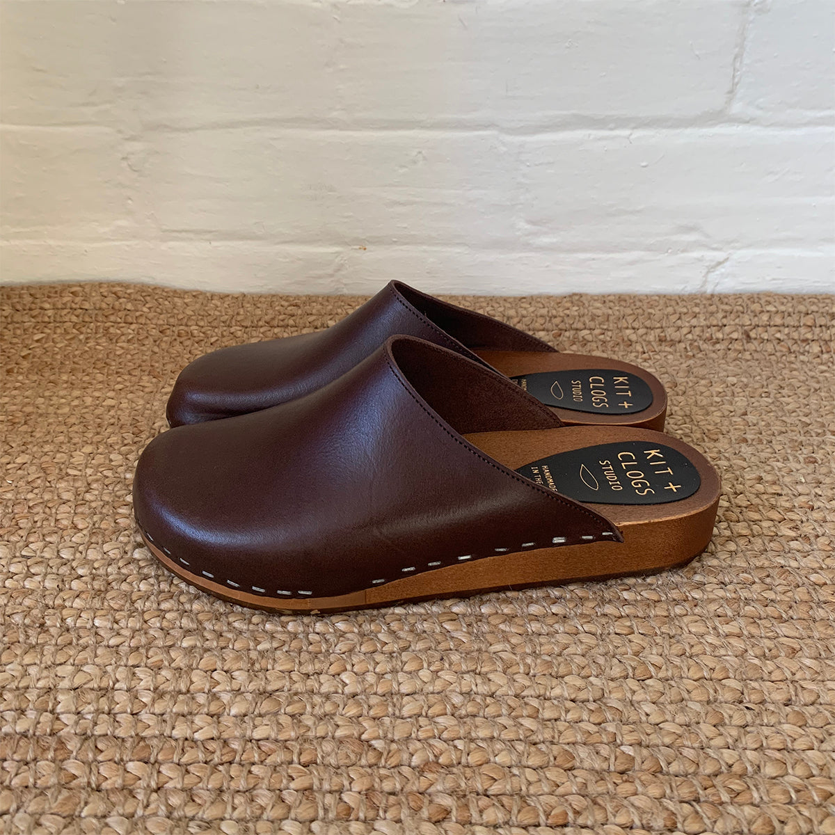 Cacao brown classic style clog mule with flexible wooden base
