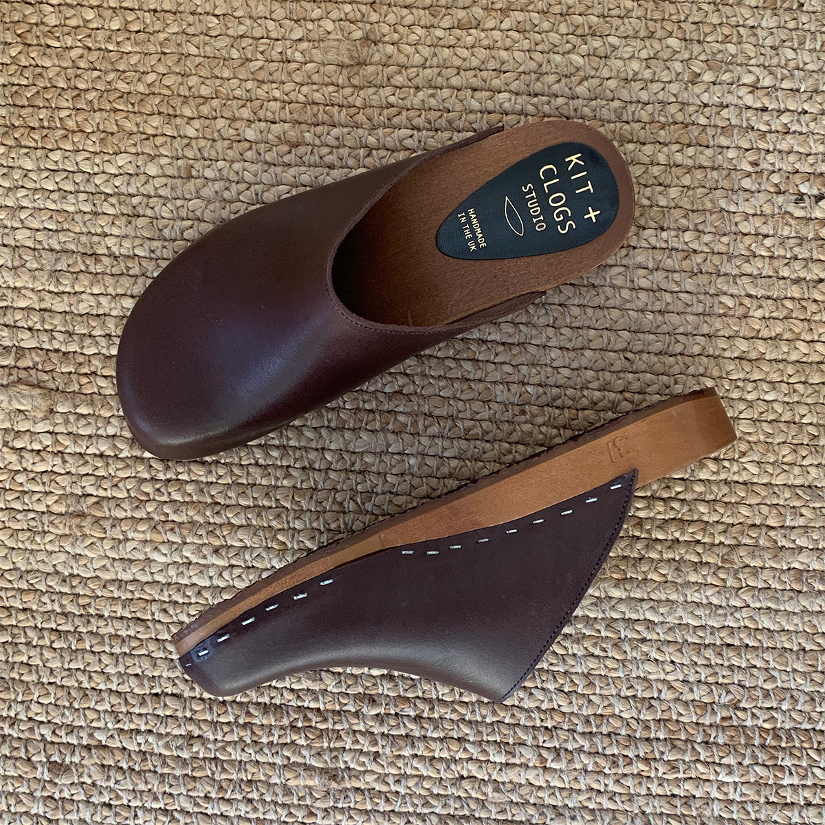 Cacao brown classic style clog mule with flexible wooden base