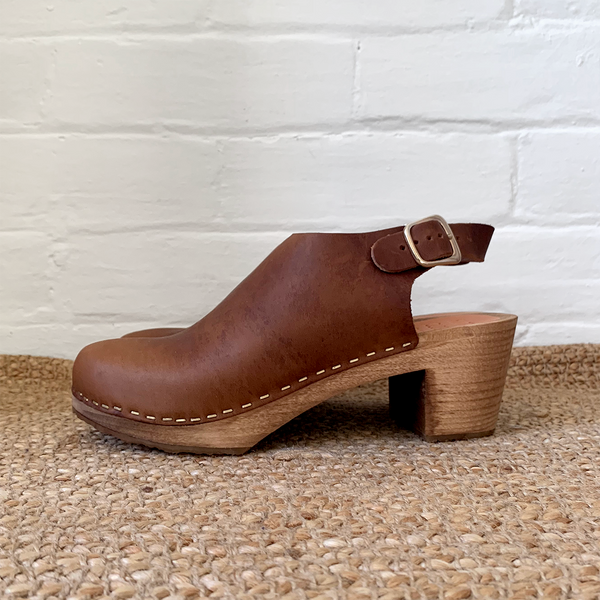 brown leather mid heel swedish clog mules with ankle strap